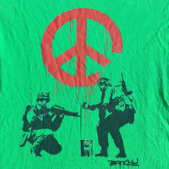 Banksy military peace Print graphic on Next Level apparel tee Kelly Green Size M - Picture 2 of 5